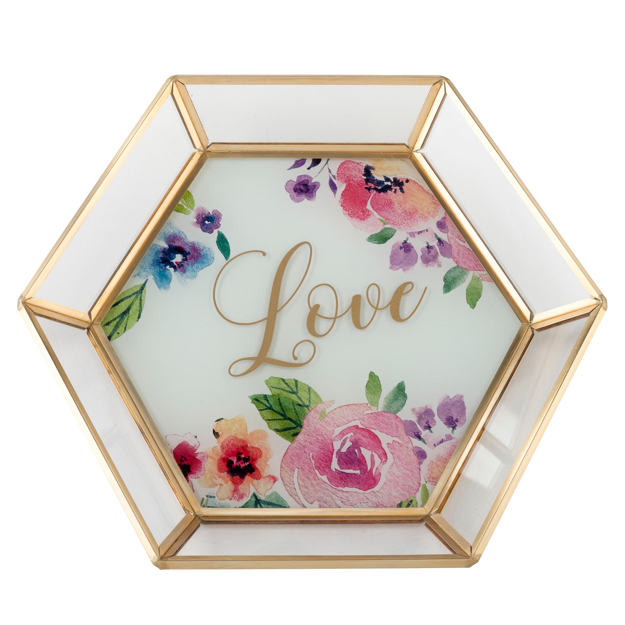 Geometric Glass Trinket Tray Watercolor Floral Love Design