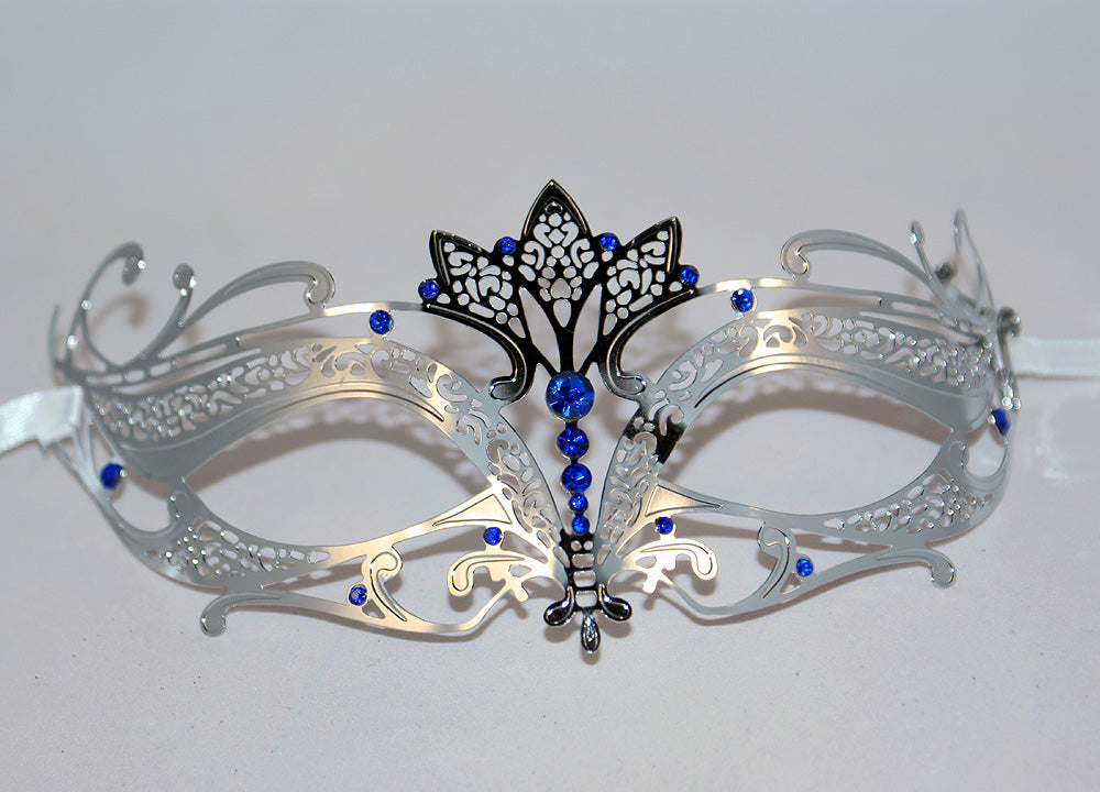 Silver Tiara Design Laser Cut Metal Masquerade Mask with Blue Diamonds