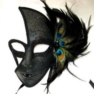 Full Face Female Black Venetian Mask with Peacock Feather