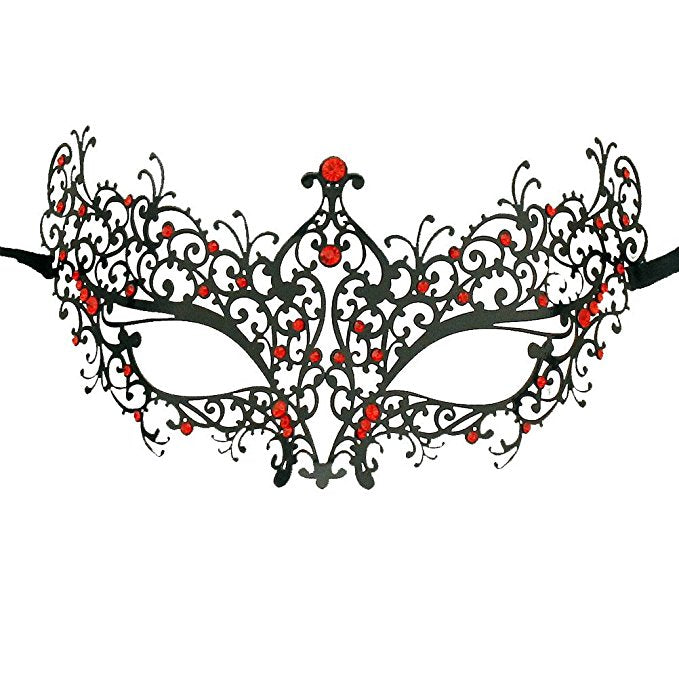 Lady Laser Cut Metal Black Venetian Masquerade Mask with Red Crystals