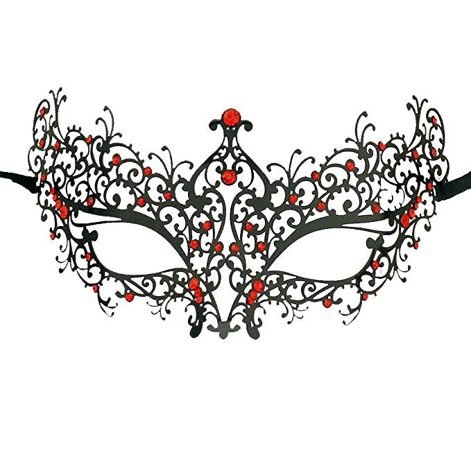 Lady Laser Cut Metal Black Venetian Masquerade Mask with Red Crystals