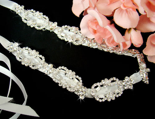Bridal Satin Ribbon Headband with Swarovski Crystals & Pearls White or Ivory