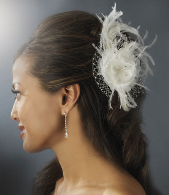 Floral Feather Fascinator Russian Veiling Accent -White/Ivory