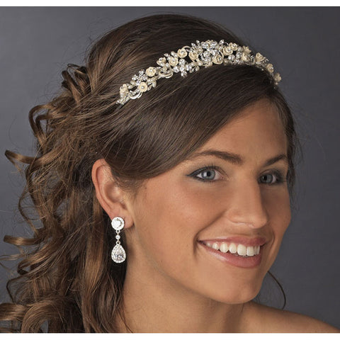 Silver Floral Rhinestone Champagne Bridal Headband