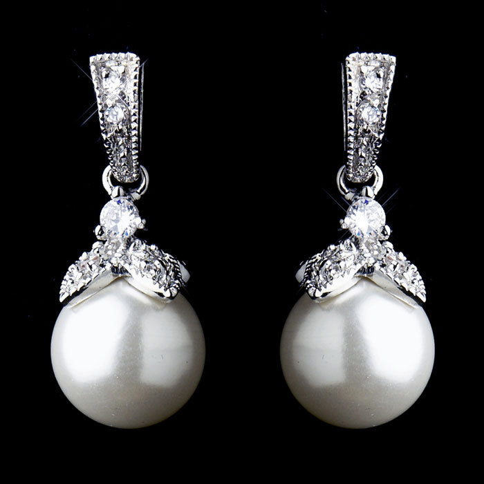 Silver CZ Crystal & Diamond White Pearl Dangle Drop Bridal Earrings