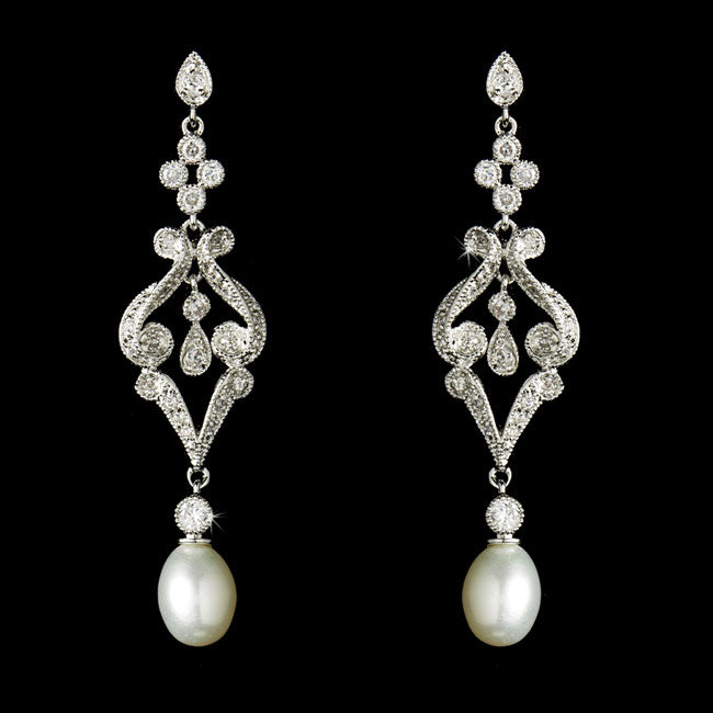 Vintage CZ & Diamond White Pearl Bridal Earrings