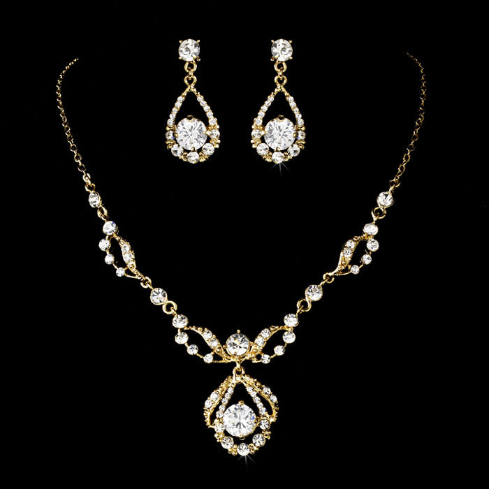 Gold Clear Round Rhinestone Necklace & Earrings Bridal Jewelry Set