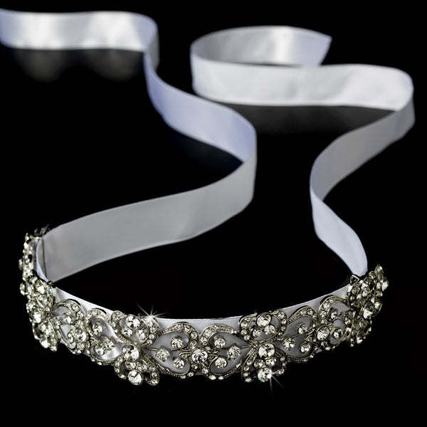 Vintage Rhinestone Bridal Ribbon Headband White or Ivory Satin