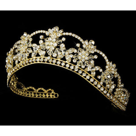 Gold Bridal Tiara Floral Rhinestone & Swarovski Crystal Covered