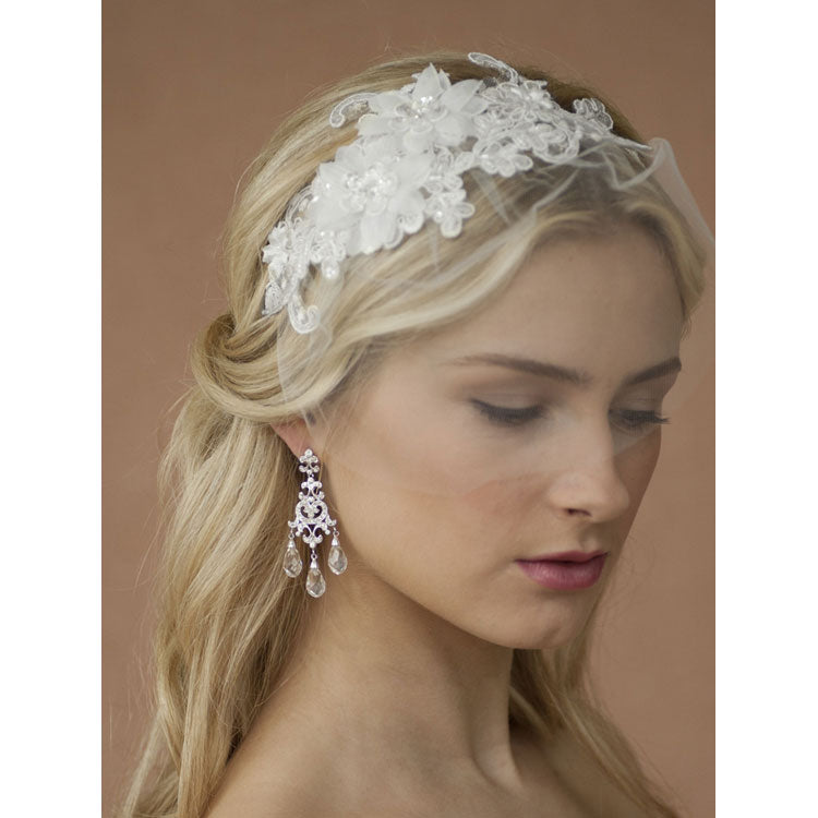 Bridal Headband with European Lace Applique & Petite Veil (White or ivory)