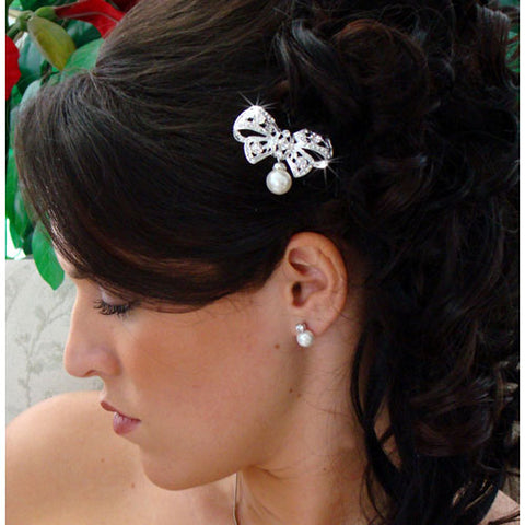 Crystal & Pearl Bow Bridal Brooch or Hair Comb