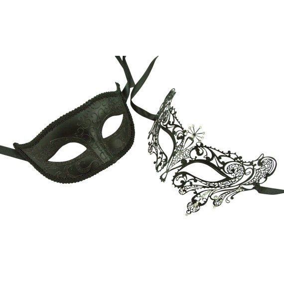 Couple Venetian Masks - Black His and Her Luxury Laser Cut Masks with Crystals