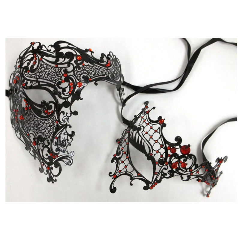 Couple Masquerade Masks Set Half Face Skull and Phantom Black Masks with Red Cry