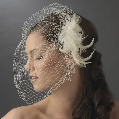 Delicate Floral Feather Fascinator with Bird Cage Veil White or Ivory