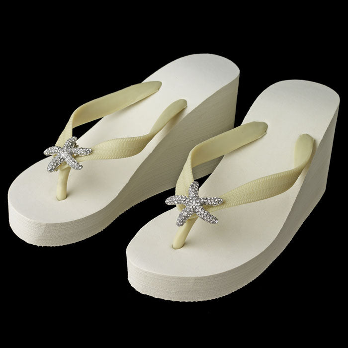 Breeze ~ Silver High Wedge Bridal Flip Flops with Sequins & Crystals