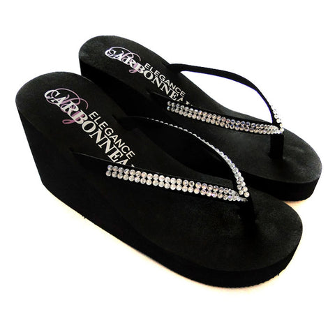 Crystal Bridal Flip Flops High Wedge with Crystal Accented Suedene Strap ( Ivory or White or Black)