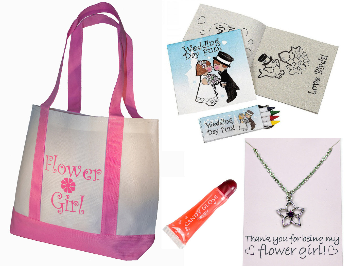 Flower Girl Gifts Set: Tote Bag, Metal Flower Girl Necklace, Lip Gloss, Wedding Day Kids Activity Kits