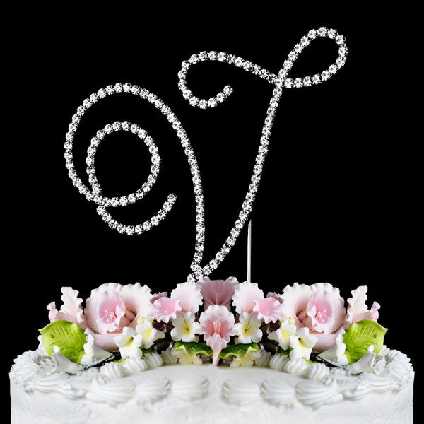 Crystal Cake Topper Swirl Script Silver Monogram Cake Toppers Initial A to Z Large 4 3/4"