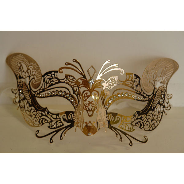 Gold Cat Design Laser Cut Metal Masquerade Mask with Crystals