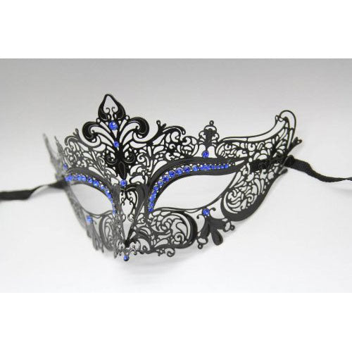 Black Laser Cut Metal Venetian Mask with Blue Diamonds