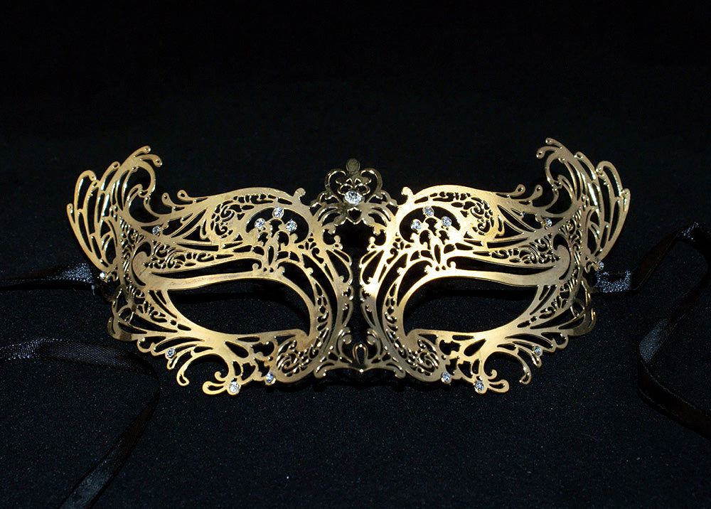 Stunning Laser Cut Masquerade Mask Gold Metal Mask with Clear Diamonds
