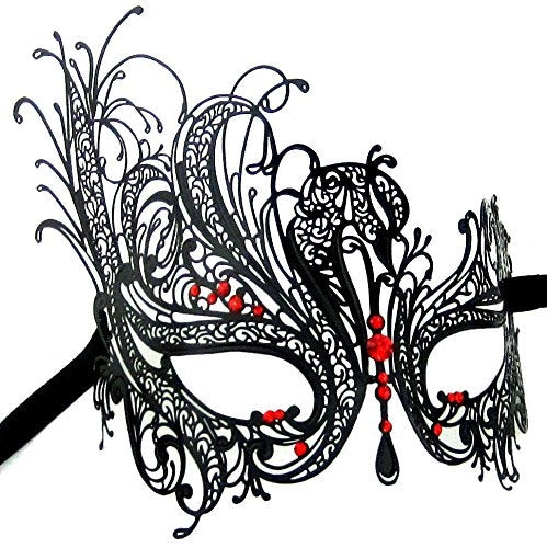 black and red masquerade mask with feathers
