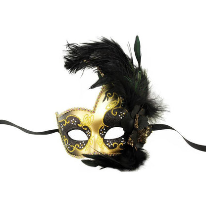 Black and Gold Feather Swan with Flower Masquerade Mask