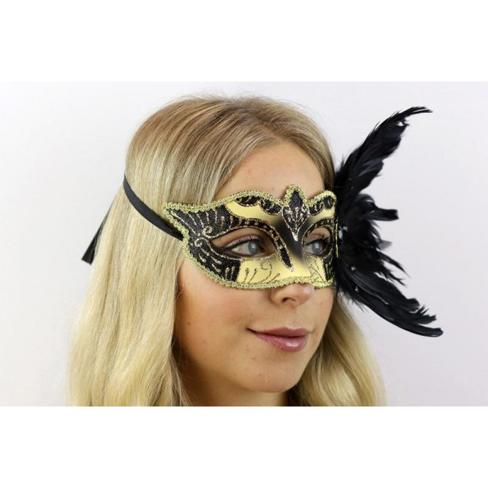 Black and Gold Masquerade Masks Half Face Venetian Mask with Feathers