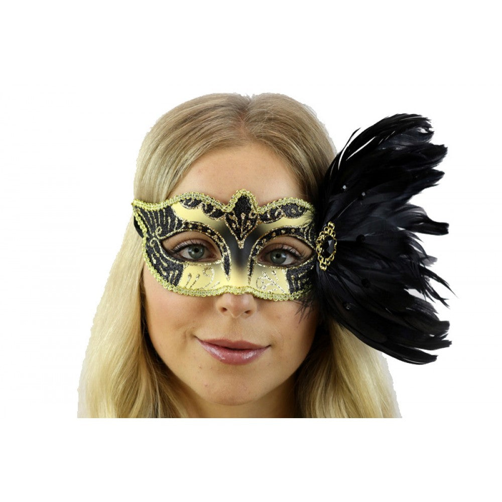 Black and Gold Masquerade Masks Half Face Venetian Mask with Feathers