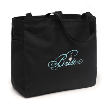 Bride Diamond Tote Bag Black with Aqua Bridal Party Tote Bag