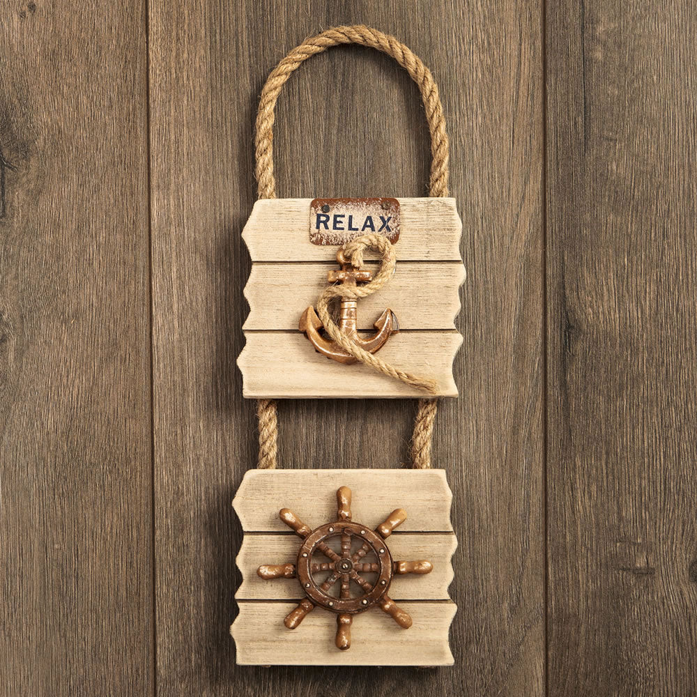 Double wall plaque - Anchor & Ships wheel - distressed wood edge