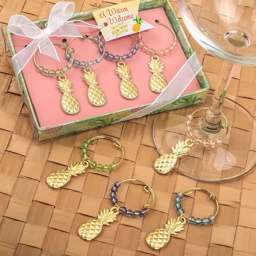 Set of 4 Tropical Gold Pineapple Wine Charms Assorted Color