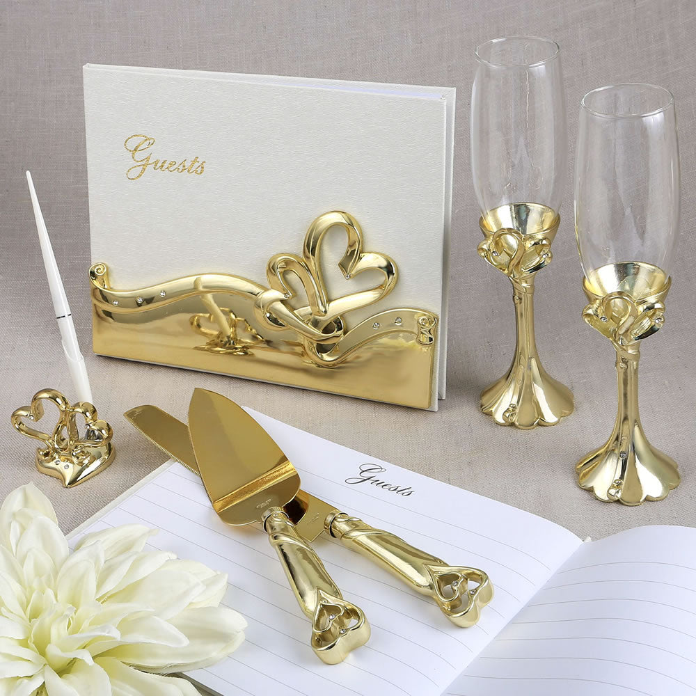 Gold double heart themed wedding accessory set