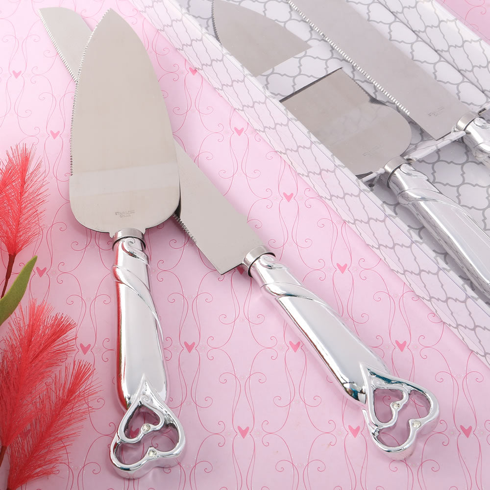 Heart themed Cake knife set with stainless steel blades and  shiny silver handles