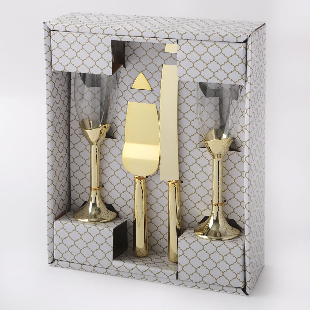 Gold 4 piece Toasting Glasses and Cake Serving Set