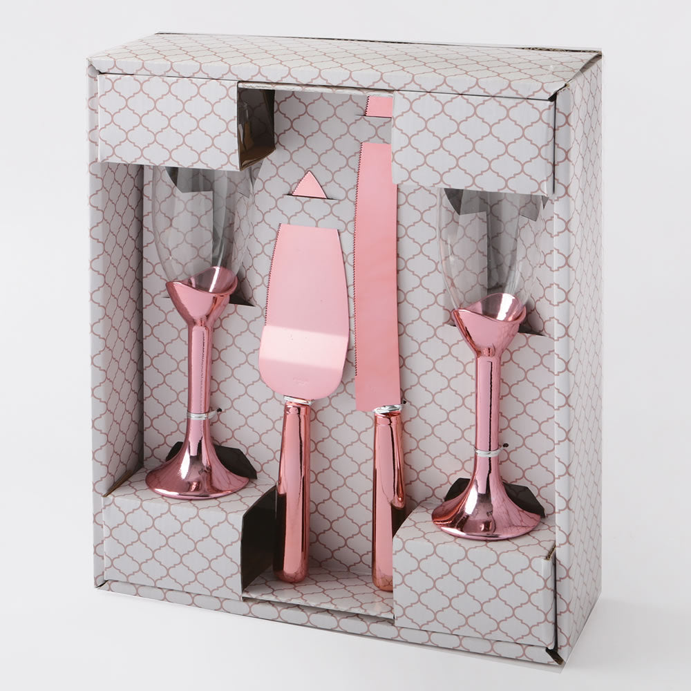 Simply elegant Pink Gold toasting glasses and cake knife 4 piece set.