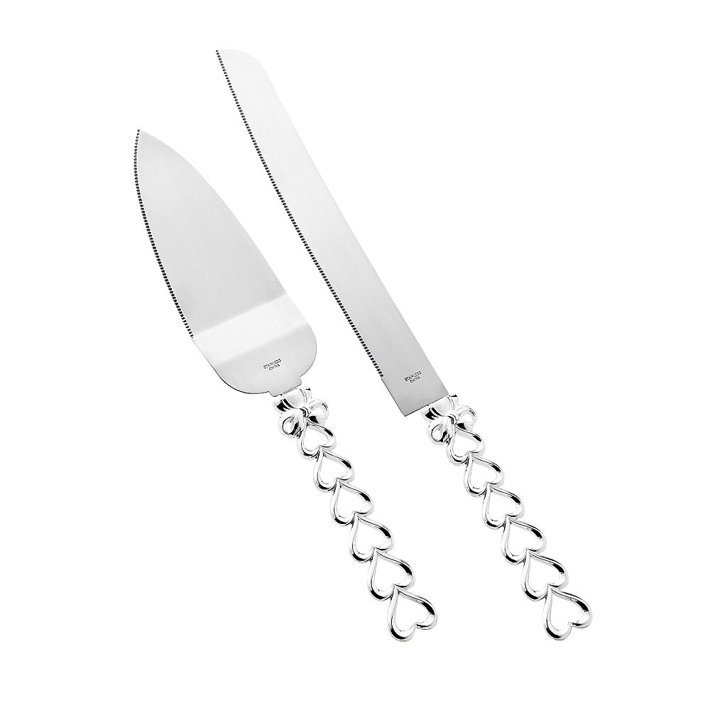 Heart to Heart collection silver metal cake server and knife set