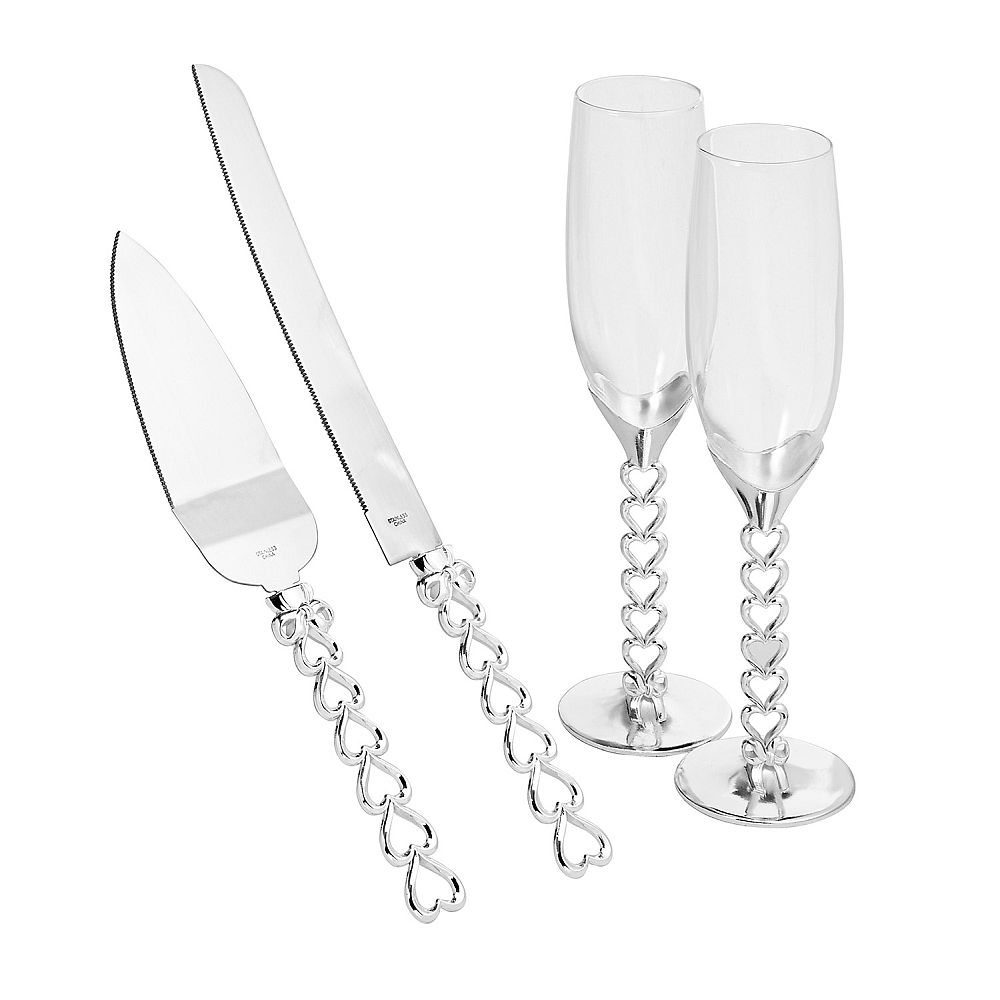 Heart To Heart Collection Silver cast metal 4 Piece Glass And Cake Server Set