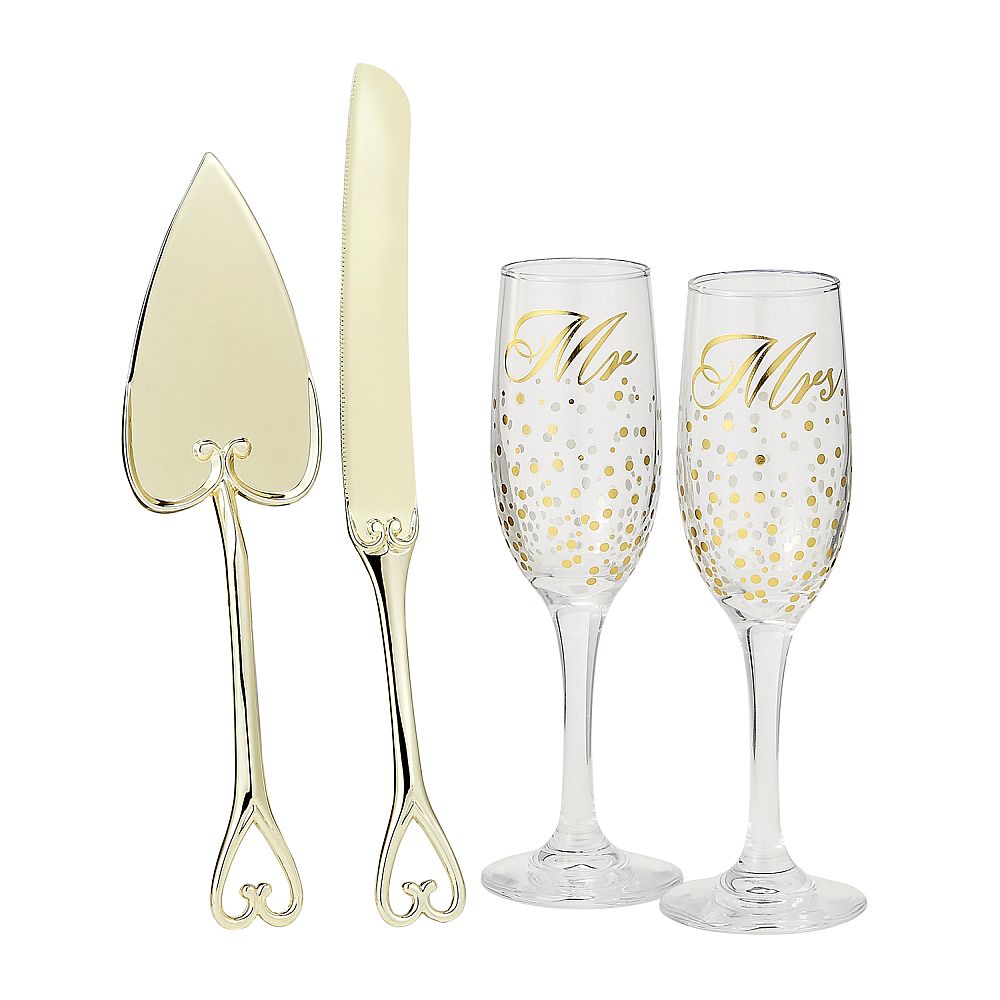 Golden splendor Mr & Mrs glass toasting set with gold plated all metal cake knife set