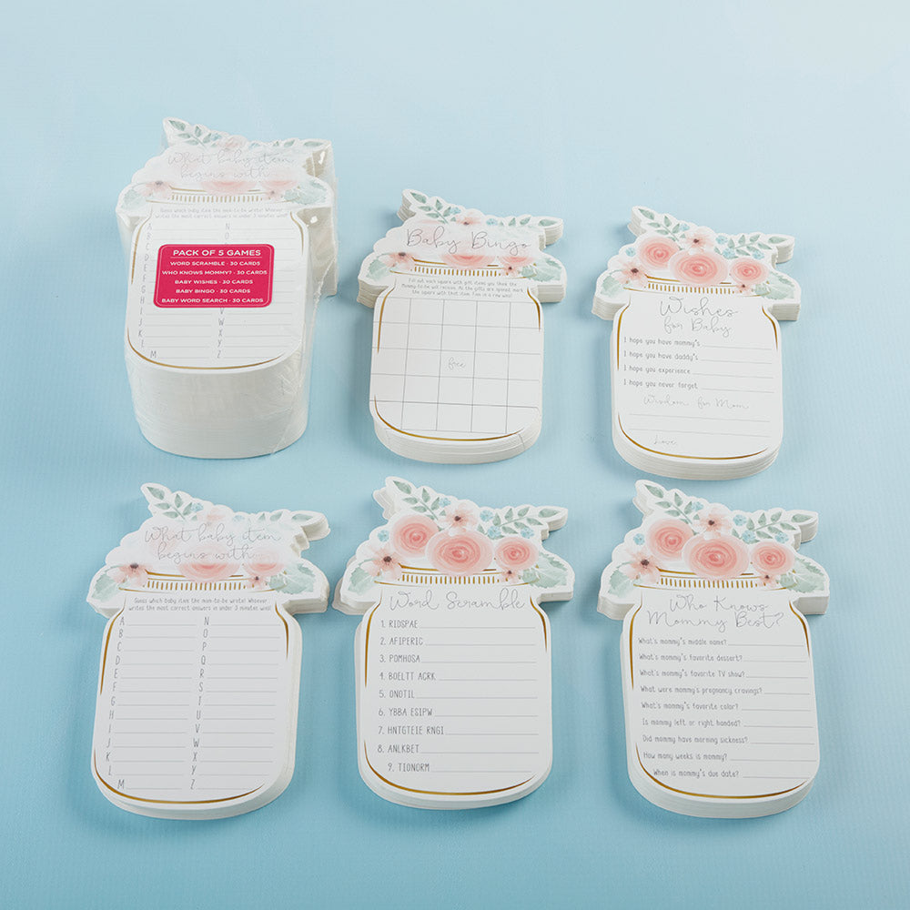 Floral Mason Jar Baby Shower 5-Pack Game Card Set 30 sheets each