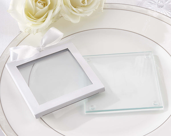 White Glass Coaster Gift Sleeve with Ribbon Set of 12