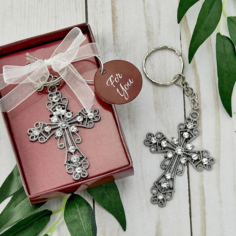 Silver Cross With Stones Key Chain
