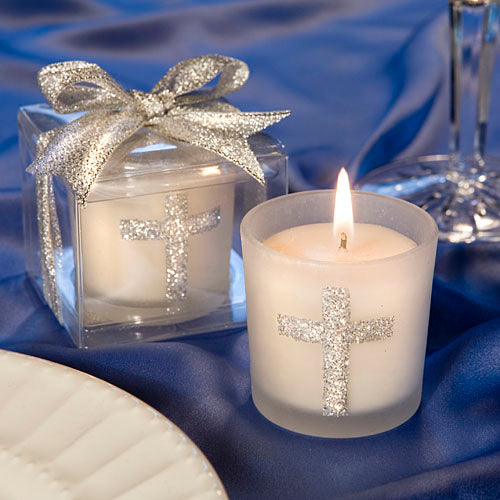 Silver Cross Themed Candle Favors