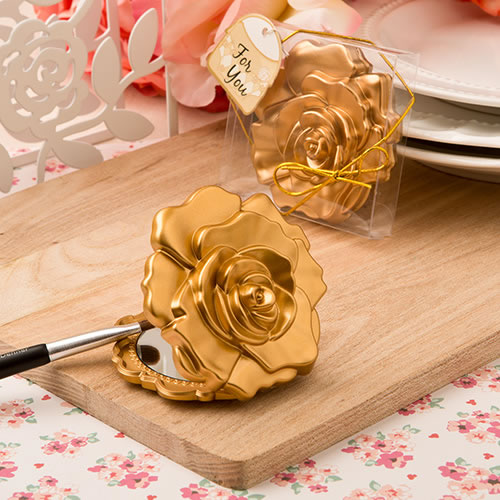 Ornate Matte Gold Rose Design Compact Mirror.