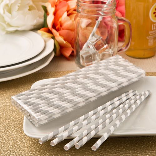 Perfect Plain Collection Matte Silver And White Stripe Design Paper Straws
