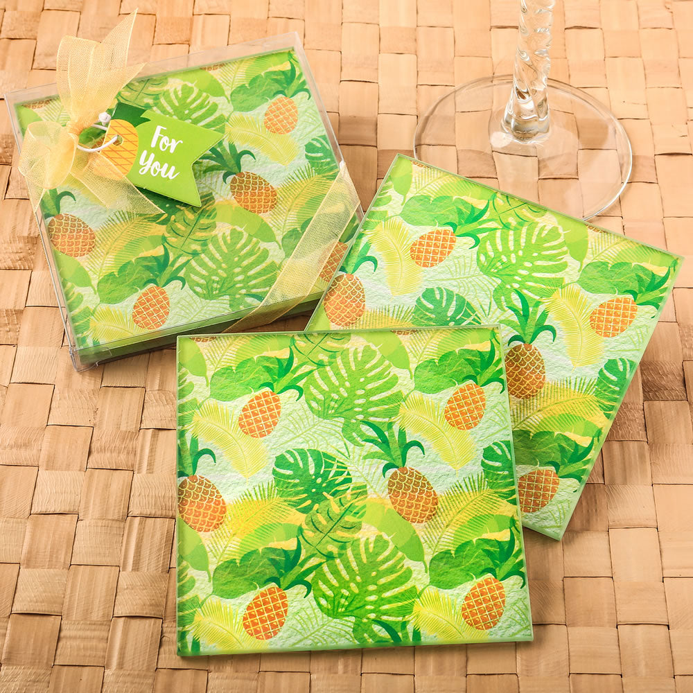 Set of 2 Tropical Pineapple Themed Glass Coasters