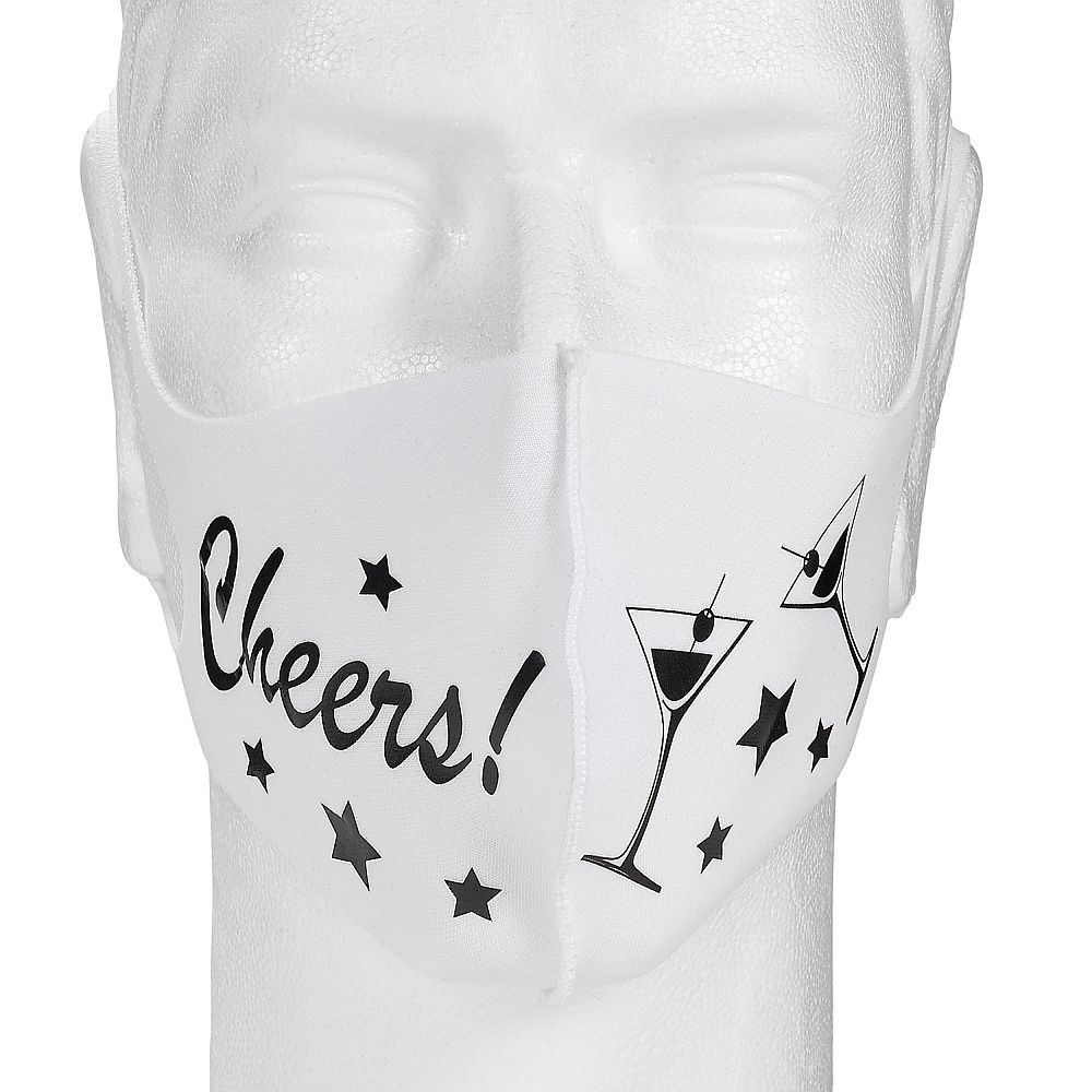 White Mask With Black Cheers Stars And Toasting Glasses Design