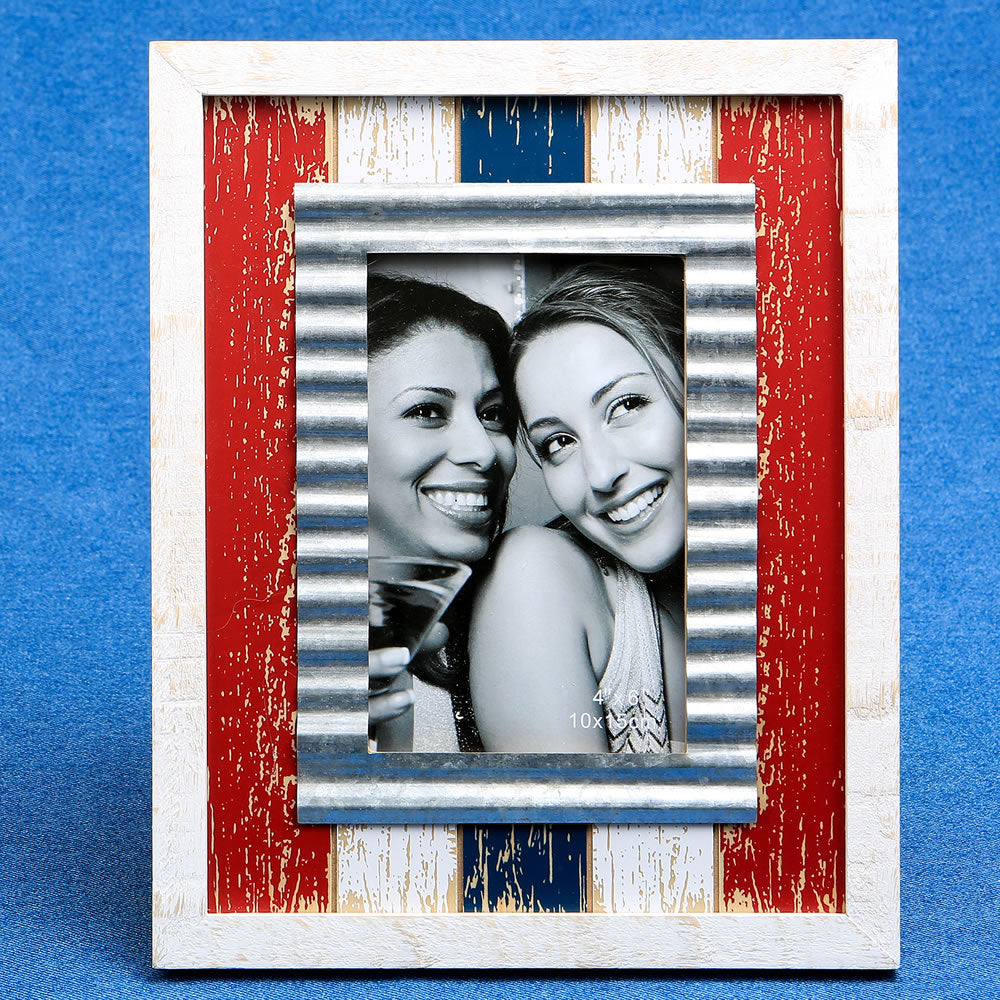 distressed wood red white blue with metal inner border 4 x 6 frame