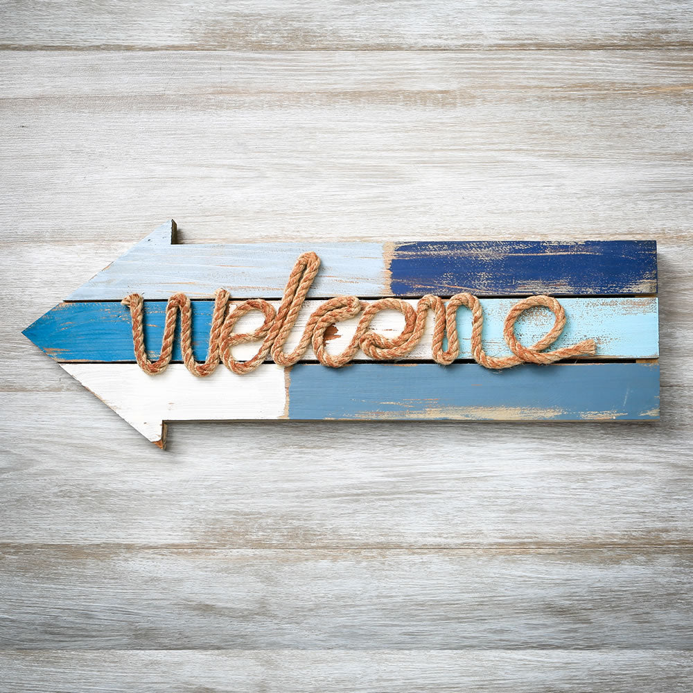 Welcome arrow wood plaque with rope