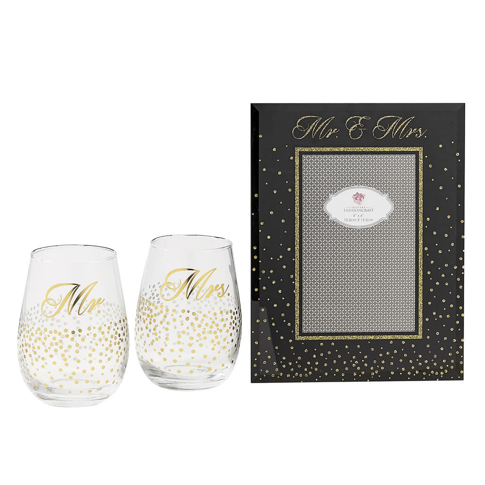 Golden splendor Mr. & Mrs. stemless Champagne toasting set with glass picture frame